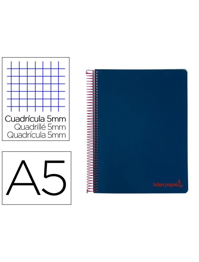 Cuaderno espiral liderpapel a5 micro wonder tapa plastico 120h 90g cuadro 5mm 5 bandas 6 taladros color azul marino