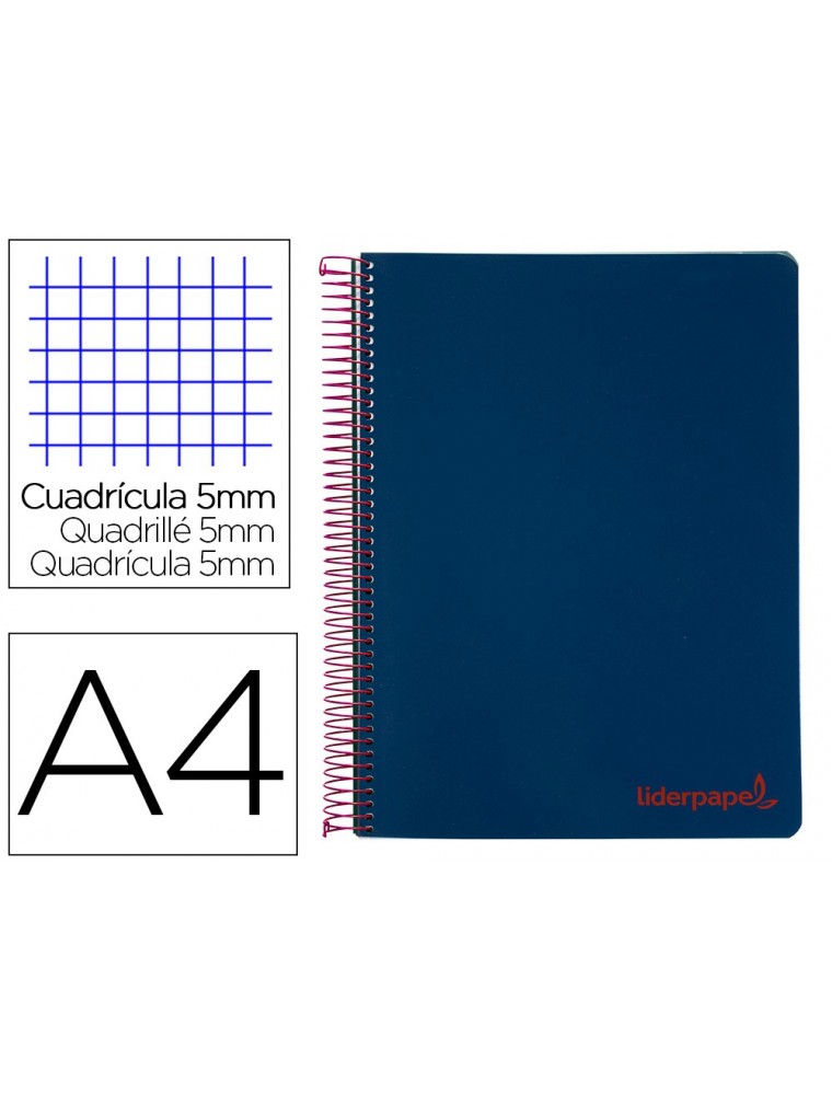 Cuaderno espiral liderpapel a4 micro wonder tapa plastico 120h 90 gr cuadro 5 mm 5 banda4 taladros color azul marino