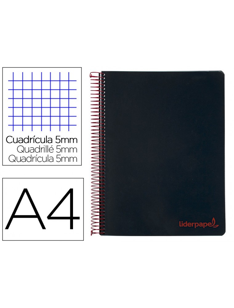 Cuaderno espiral liderpapel a4 micro wonder tapa plastico 120h 90 gr cuadro 5 mm 5 bandas 4 taladros color negro