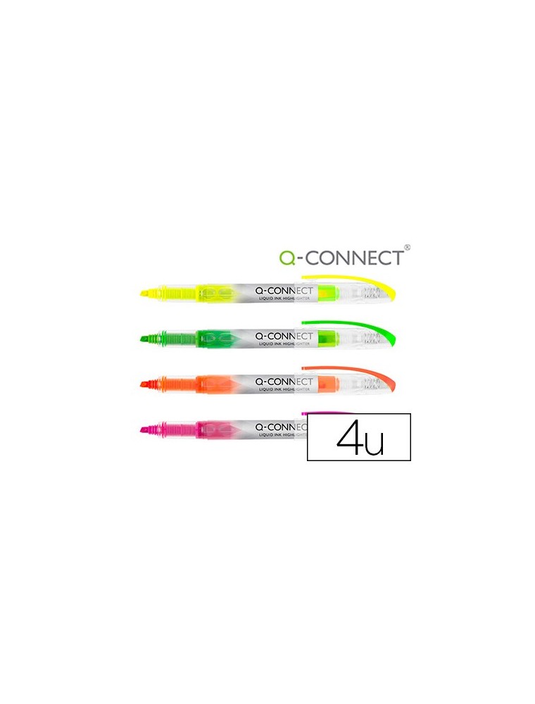 Rotulador q-connect fluorescente punta biselada tinta liquida bolsa de 4 unidades colores surtidos