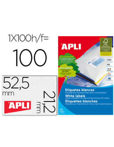 APLI ETIQUETAS ADHESIVAS 52,5X21,2MM INKJET/LÁSER C/RECTOS 56 X 100H BLANCO