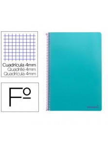 Cuaderno espiral liderpapel folio smart tapa blanda 80h 60gr cuadro 4mm con margen color turquesa