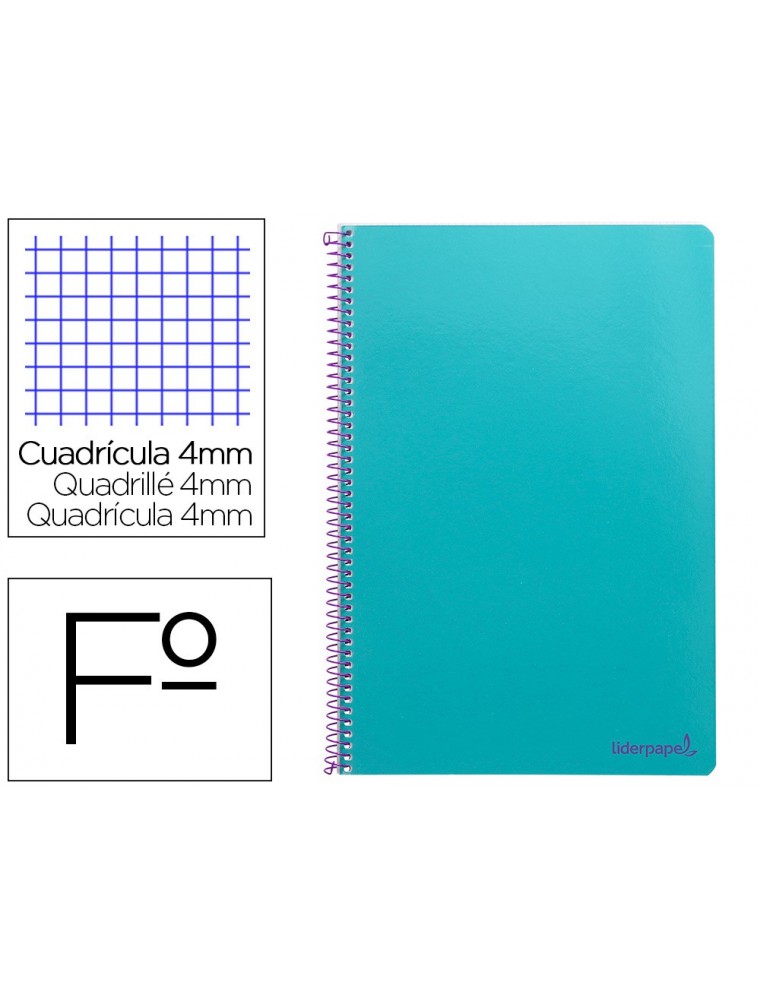 Cuaderno espiral liderpapel folio smart tapa blanda 80h 60gr cuadro 4mm con margen color turquesa