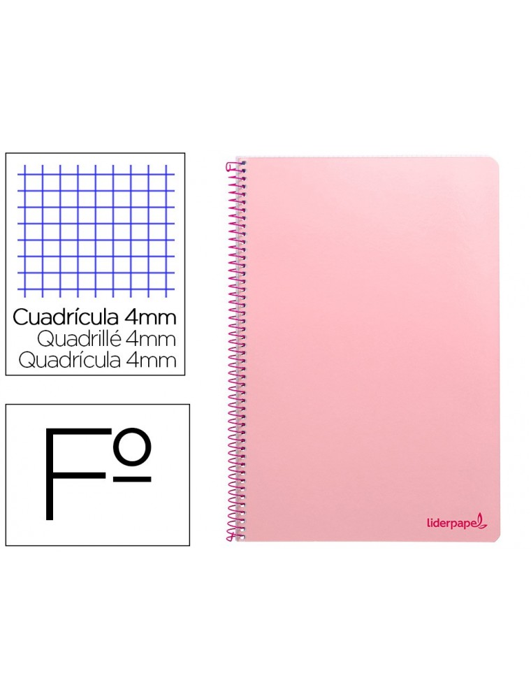 Cuaderno espiral liderpapel folio smart tapa blanda 80h 60gr cuadro 4mm con margen color rosa