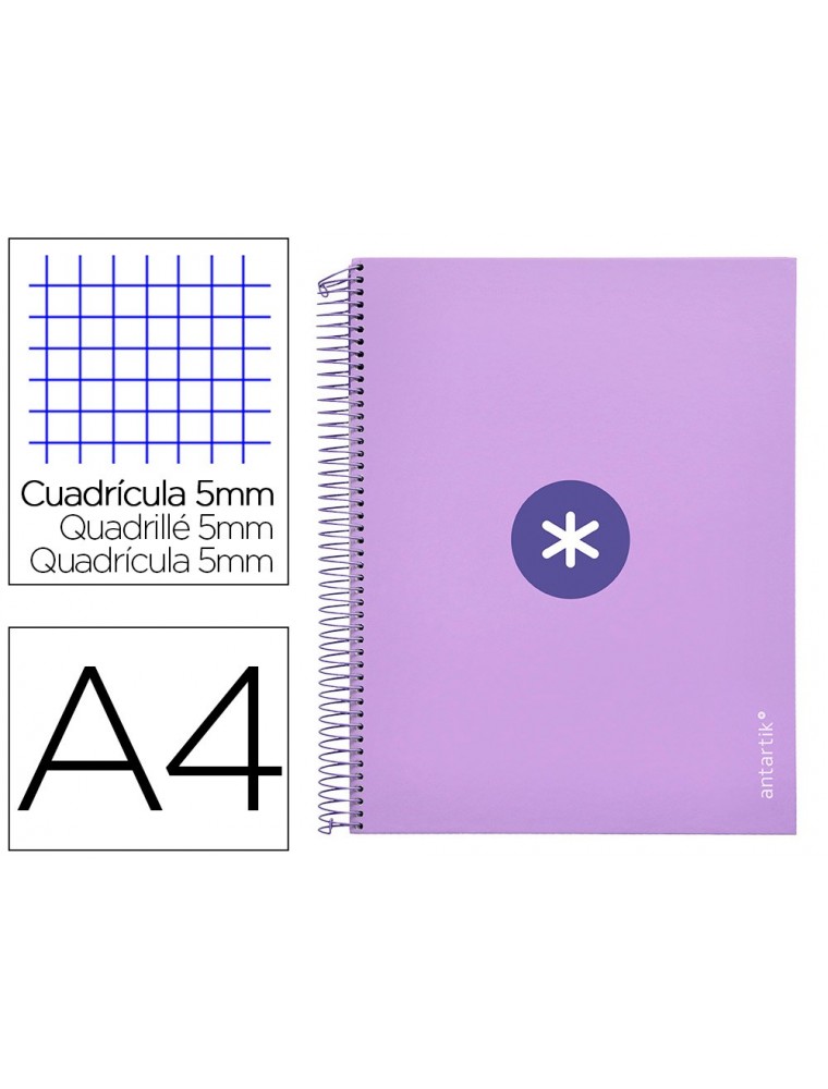 Cuaderno espiral liderpapel a4 micro antartik tapa forrada120h 100 gr cuadro 5mm 5 banda4 taladros color lavanda