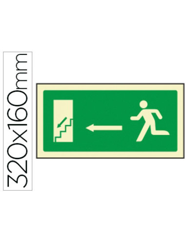 Pictograma syssa señal de salida emergencia izquierda escalera bajando en pvc fotoluminiscente 320x160 mm