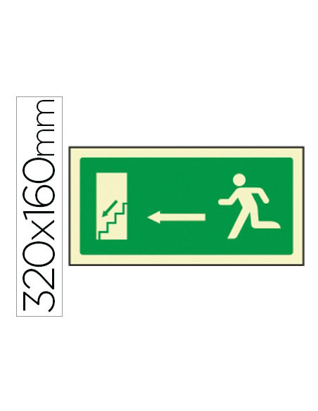 Pictograma syssa señal de salida emergencia izquierda escalera bajando en pvc fotoluminiscente 320x160 mm