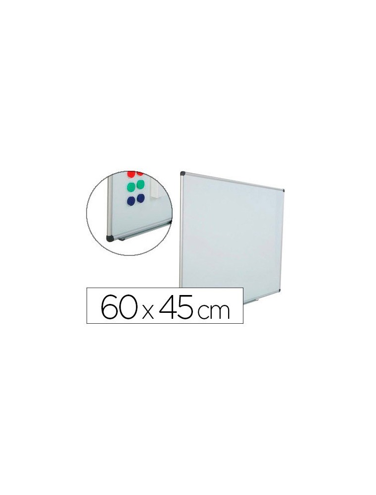 Pizarra blanca rocada acero vitrificado magnetico marco aluminio y cantoneras pvc 60x45 cm incluye bandeja para