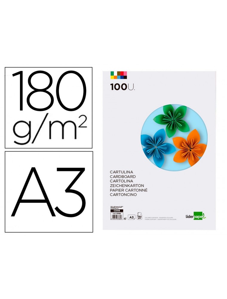 Cartulina liderpapel a3 180gm2 10 colores surtidos paquete 100 hojas