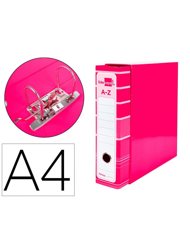 Archivador de palanca liderpap el a4 filing system forrado sin rado lomo 80mm rosa con caja y compresor metalico