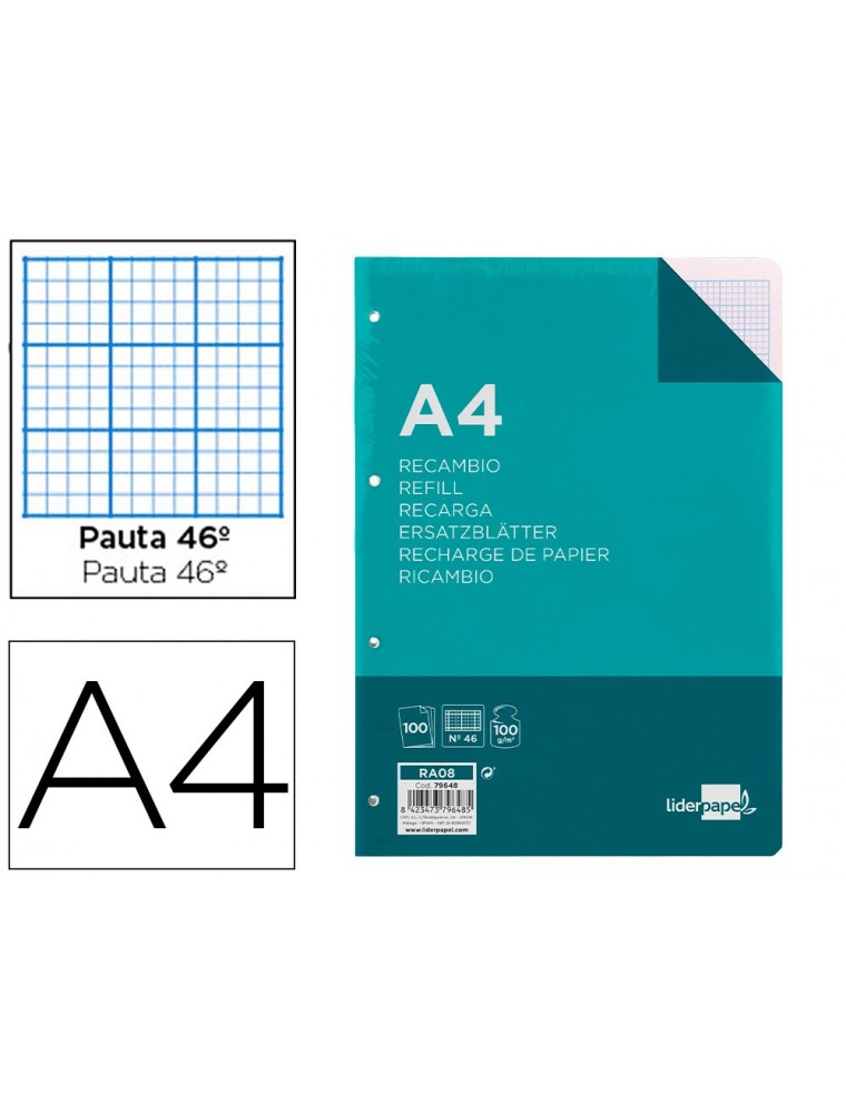 Recambio liderpapel a4 100 hojas 100 gm2 rayado nº 46 4 taladros