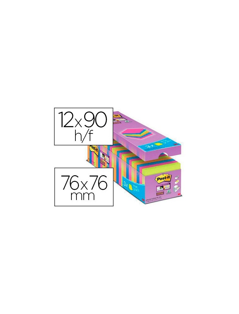 Bloc de notas adhesiva quita y pon post-it super sticky 76x76 mm 90 hojas colores surtidos pack de 21  3