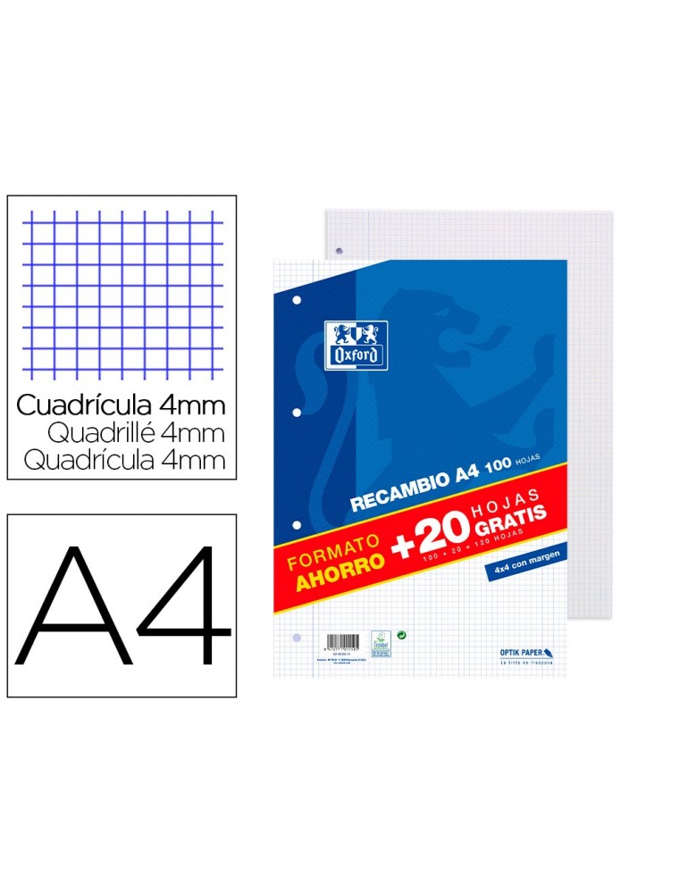 Recambio oxford a4 100  20 hojas gratis 90 gr cuadro 4mm 4 taladros