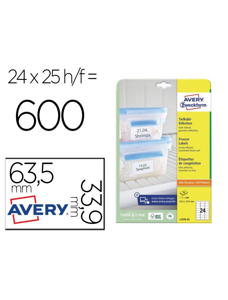 Etiqueta adhesiva avery para congelador blanca 63,5x33,9 mm ink-jet laser y fotocopiadora pack de 600