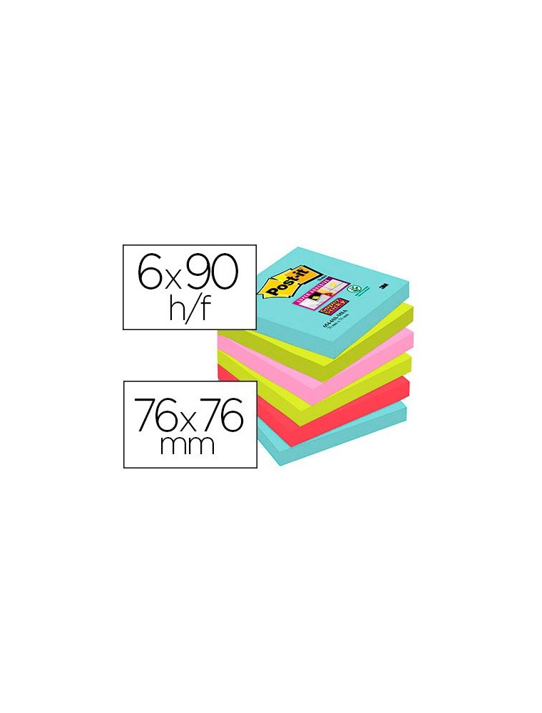 Bloc de notas adhesivas quita y pon post-it super sticky 76x76 mm con 90 hojas pack de 6 unidades colores miami