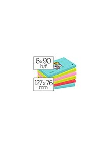 Bloc de notas adhesivas quita y pon post-it super sticky 76x127 mm con 90 hojas pack de 6 unidades colores miami