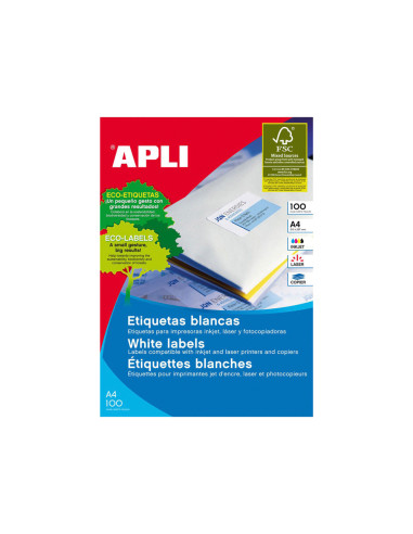 APLI ETIQUETAS ADHESIVAS 199,6X144,5MM INKJET/LÁSER C/ROMOS 2 X 100H BLANCO