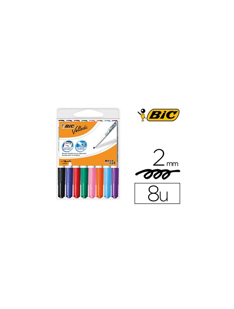 Rotulador bic velleda para pizarra punta redonda 2 mm bolsa de 8 unidades colores surtidos