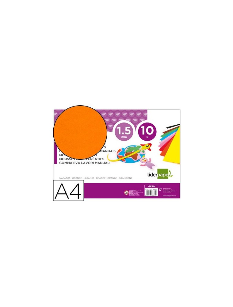 Goma eva liderpapel din a4 60gm2 espesor 1,5mm naranja paquete de 10 hojas