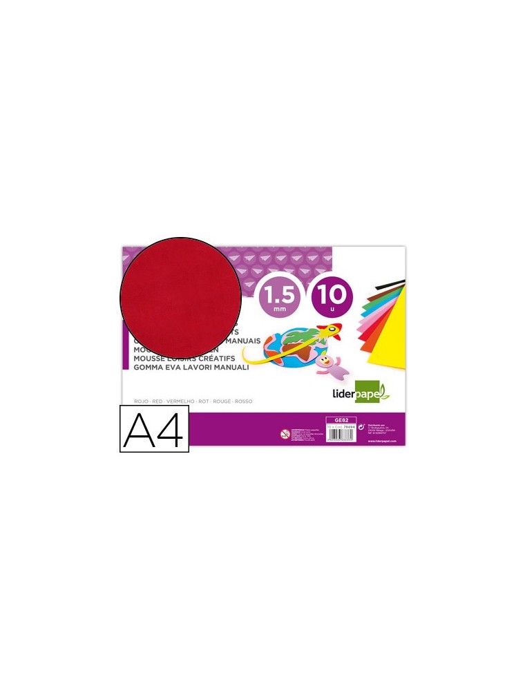 Goma eva liderpapel din a4 60gm2 espesor 1,5mm rojo paquete de 10 hojas