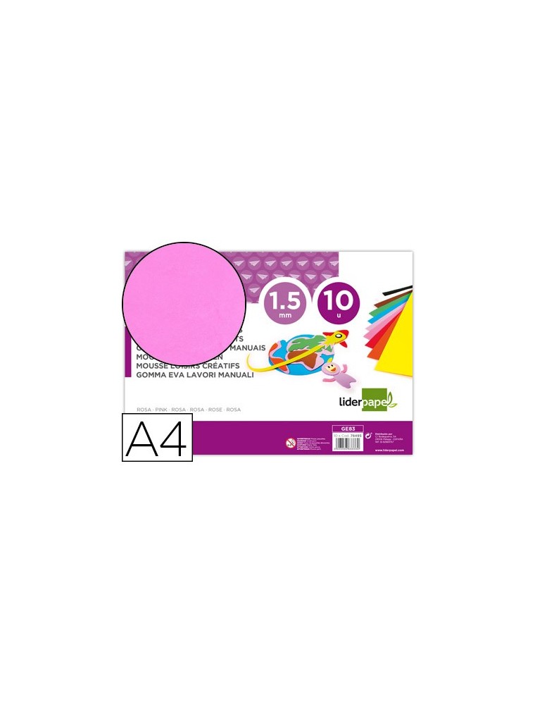 Goma eva liderpapel din a4 60gm2 espesor 1,5mm rosa paquete de 10 hojas