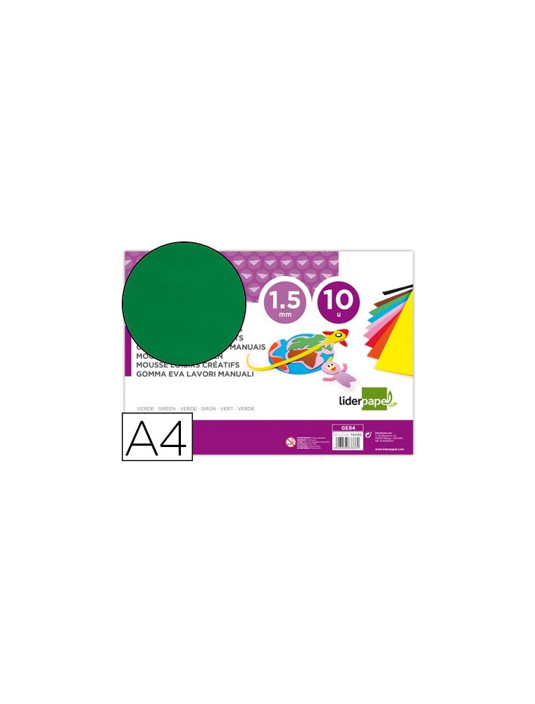 Goma eva liderpapel din a4 60gm2 espesor 1,5mm verde paquete de 10 hojas