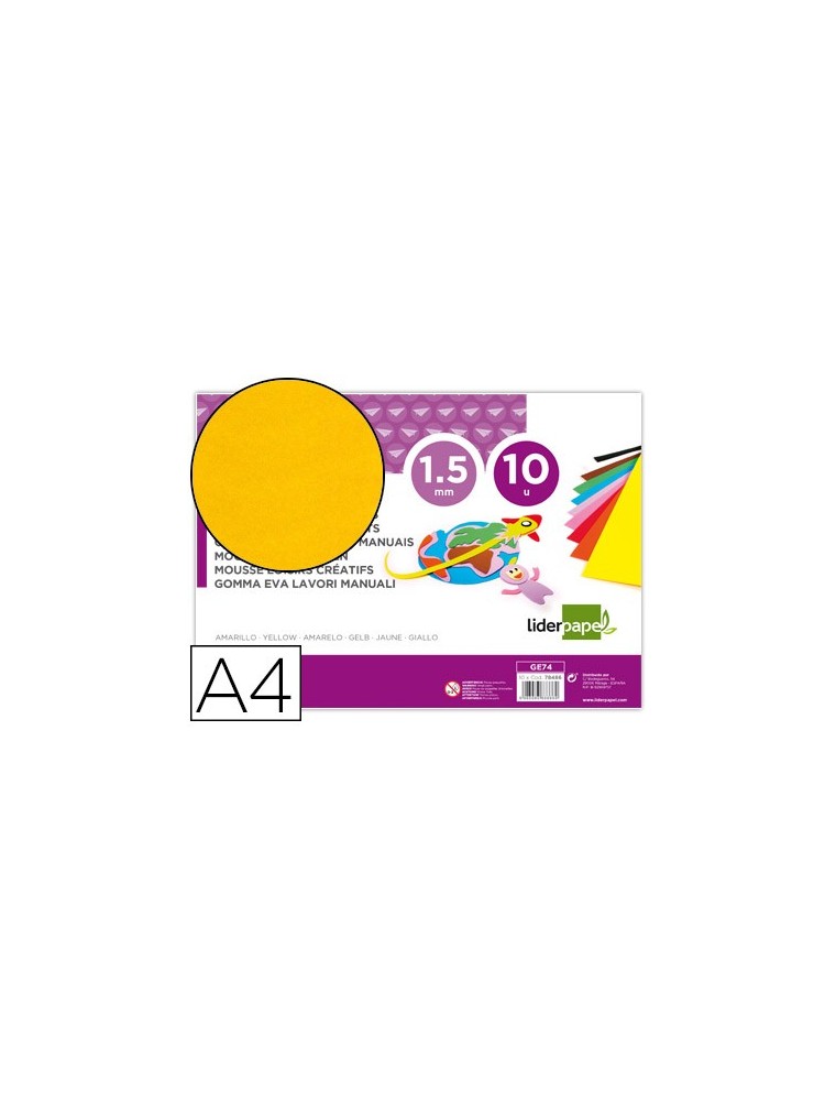 Goma eva liderpapel din a4 60gm2 espesor 1,5mm amarillo paquete de 10 hojas