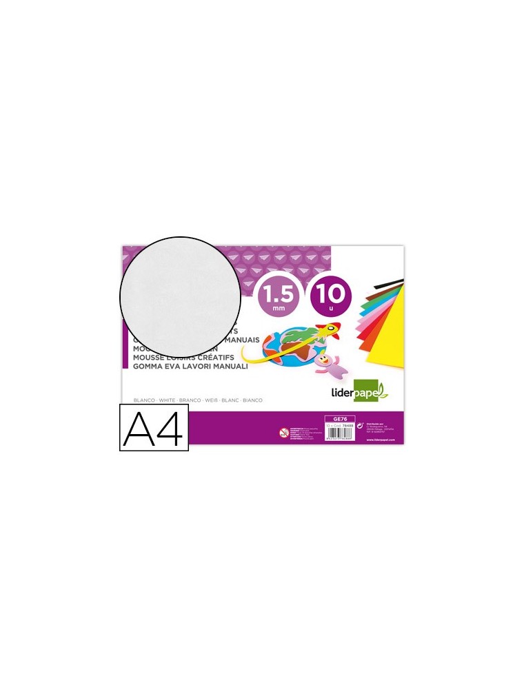 Goma eva liderpapel din a4 60gm2 espesor 1,5mm blanco paquete de 10 hojas