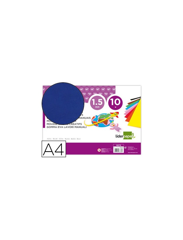 Goma eva liderpapel din a4 60gm2 espesor 1,5mm azul paquete de 10 hojas