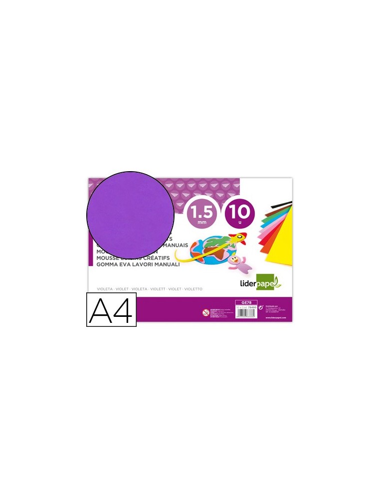 Goma eva liderpapel din a4 60gm2 espesor 1,5mm violeta paquete de 10 hojas