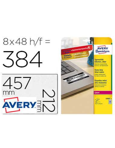 Etiqueta adhesiva resistente avery poliester plata 45,7x21,2 mm laser pack de 8 unidades