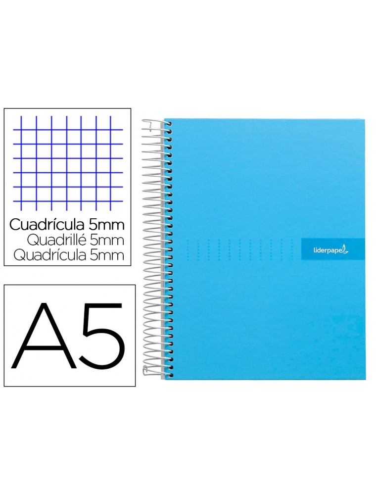 Cuaderno espiral liderpapel a5 micro crafty tapa forrada 120h 90 gr cuadro 5mm 5 bandas6 taladros color celeste