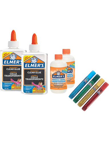 Kit elmers fabricacion slime con 2 botes cola transparente + 2 botes liquido magico + 4 botes purpurina colores