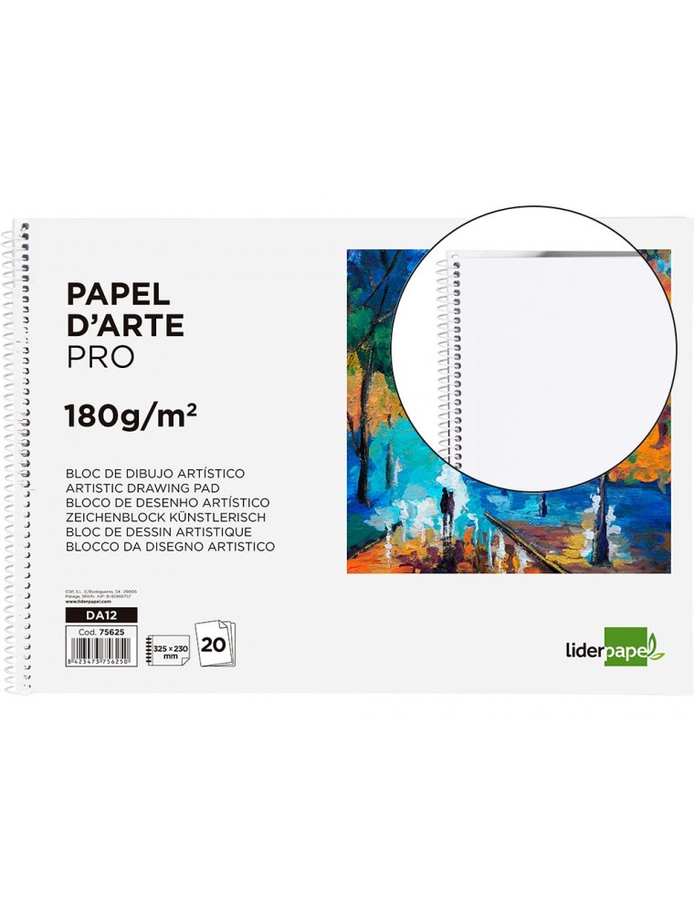 Bloc dibujo liderpapel artistico espiral 230x325mm 20 hojas 180 gm2 sin recuadroperforado