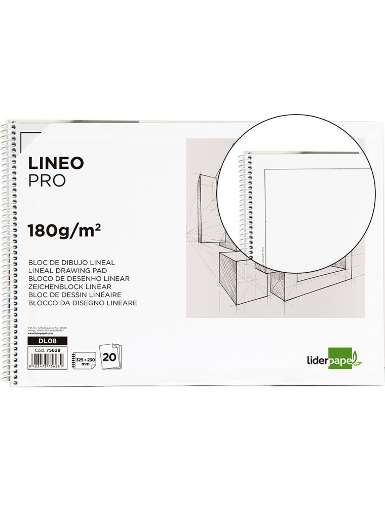 Bloc dibujo liderpapel lineal espiral 230x325mm 20 hojas 180 gm2 con recuadro perforado