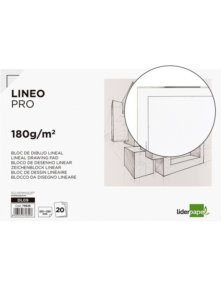 Bloc dibujo liderpapel lineal encolado 230x325mm 20 hojas 180 gm2 con recuadro