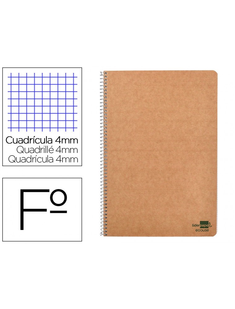 Cuaderno espiral liderpapel folio ecouse tapa cartulina kraft 80h papel reciclado 80 gr cuadro 4mm con margen