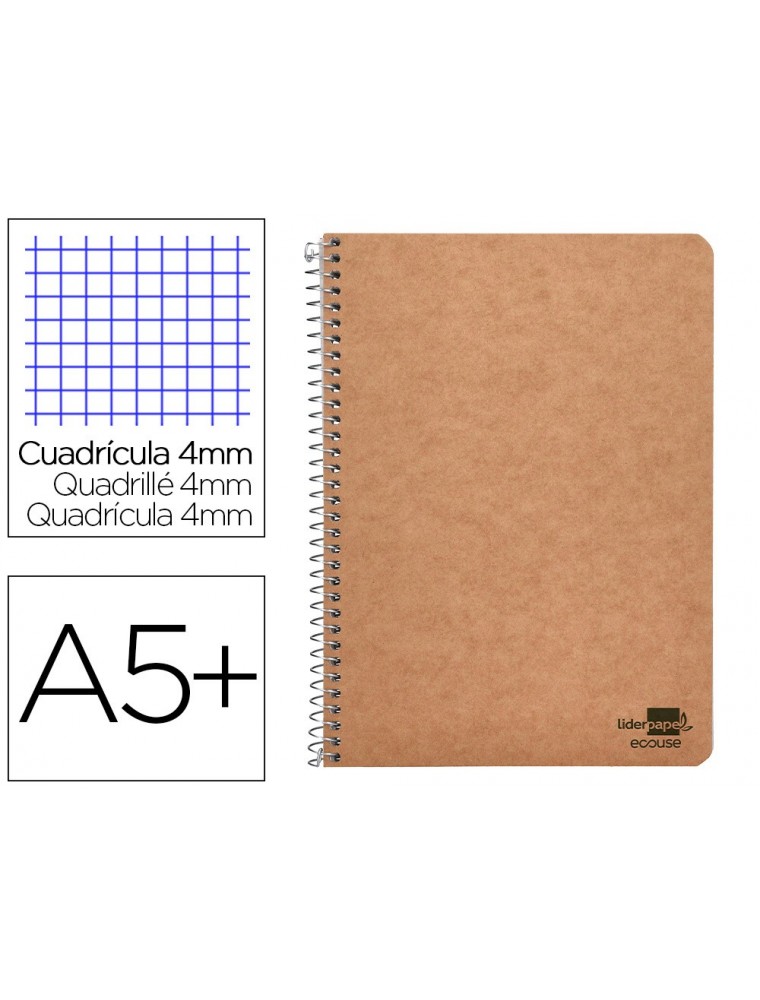 Cuaderno espiral liderpapel cuarto ecouse tapa cartulina kraft 80h papel reciclado 80 grcuadro 4mm