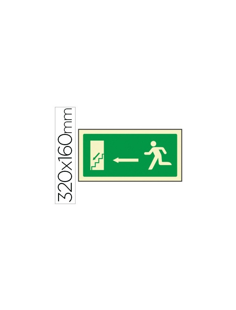 Pictograma syssa señal de salida emergencia izquierda escalera bajando en pvc fotoluminiscente 320x160 mm