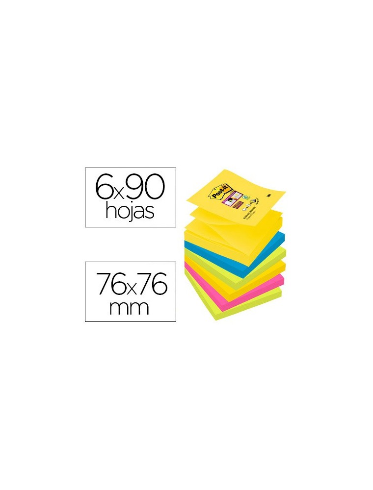 Bloc de notas adhesivas quita y pon post-it super sticky 76x76 mm con 90 hojas pack de 6 bloc colores surtidos