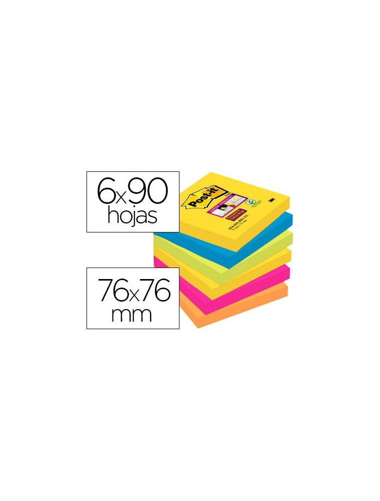 Bloc de notas adhesivas quita y pon post-it super sticky 76x76 mm con 90 hojas pack de 6 bloc colores surtidos