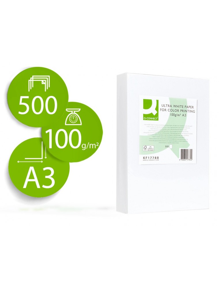 Papel fotocopiadora q-connect ultra white din a3 100 gramos paquete de 500 hojas