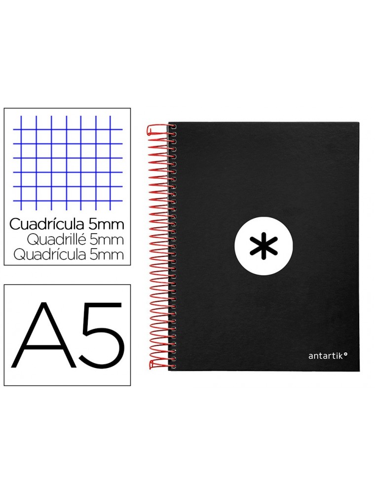 Cuaderno espiral liderpapel a5 micro antartik tapa forrada120h 100 gr cuadro 5mm 5 bandas 6 taladros color negro