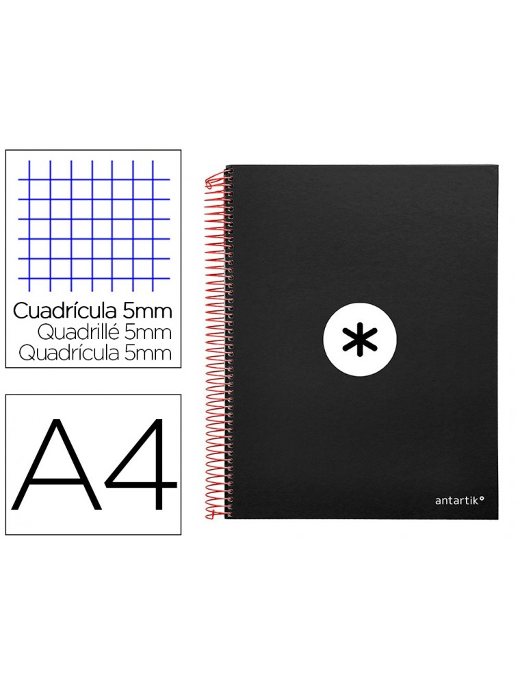 Cuaderno espiral liderpapel a4 micro antartik tapa forrada120h 100 gr cuadro 5mm 5 bandas 4 taladros color negro