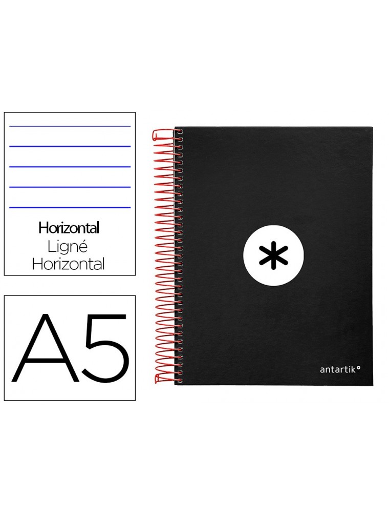 Cuaderno espiral liderpapel a5 micro antartik tapa forrada 120h 100 gr horizontal 5 bandas 6 taladros color negro