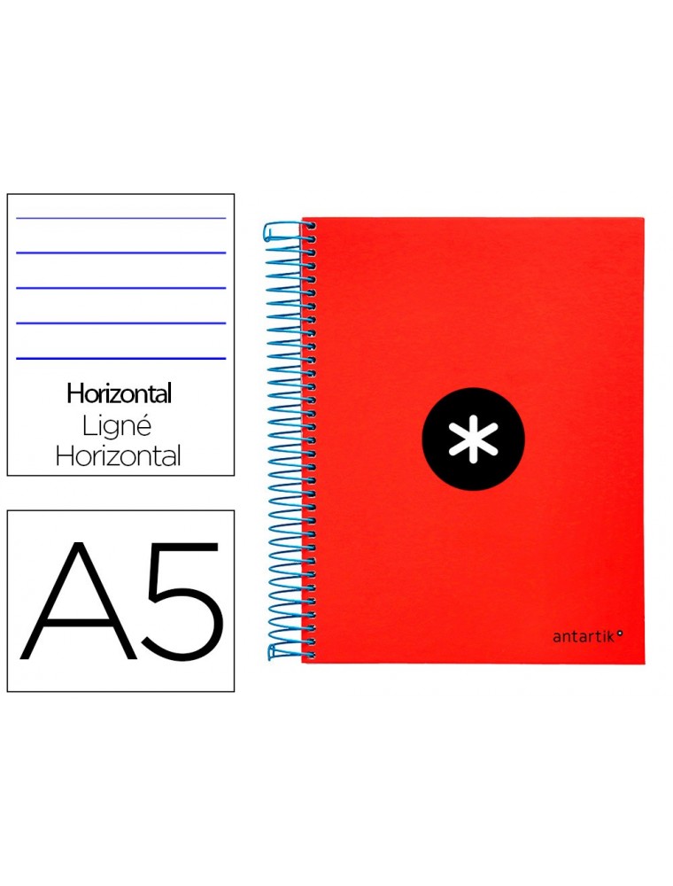 Cuaderno espiral liderpapel a5 micro antartik tapa forrada 120h 100 gr horizontal 5 bandas 6 taladros color rojo.