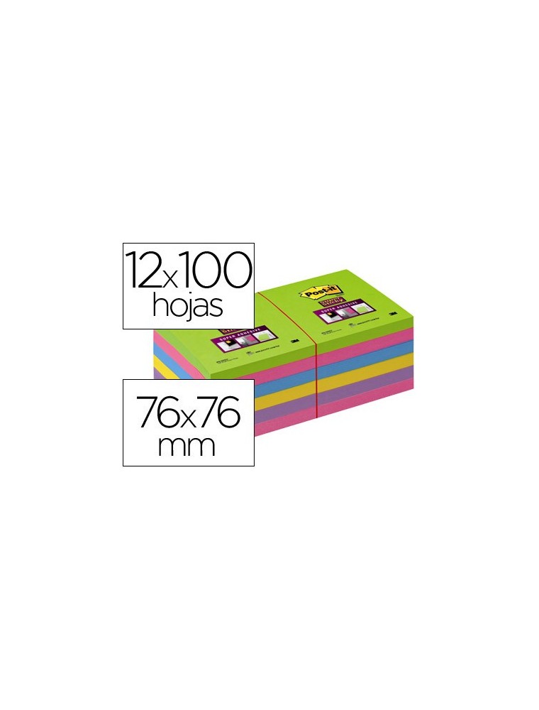 Bloc de notas adhesivas quita y pon post-it super stick ultra 76x76 mm pack de 12 bloc verde rosa amarilla