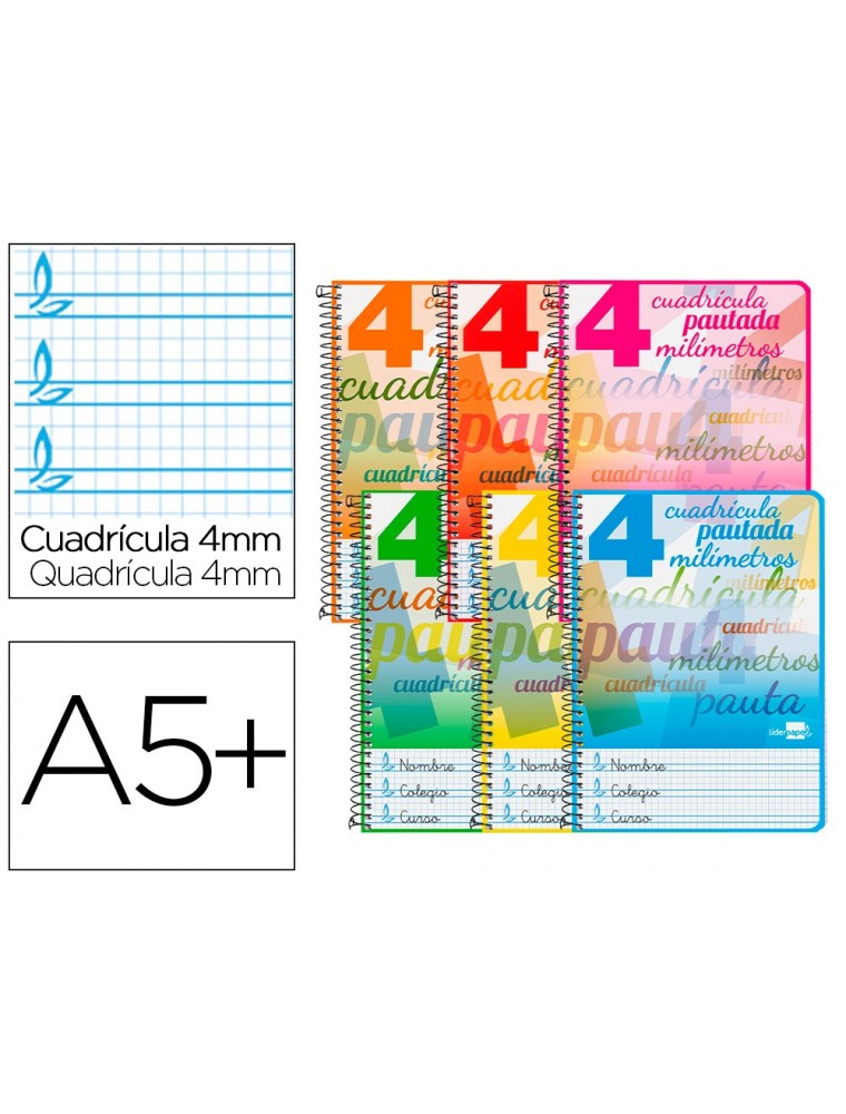 BLOC ESPIRAL LIDERPAPEL CUARTOPAUTAGUIA TAPA EXTRADURA 80 H 80 G CUADRICULADO PAUTADO 4 MM CON MARGEN