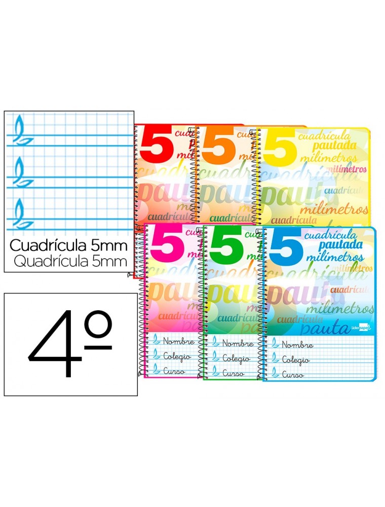 Cuaderno espiral liderpapel cuarto pautaguia tapa dura 80h75 gr cuadro pautado 5mm con margen