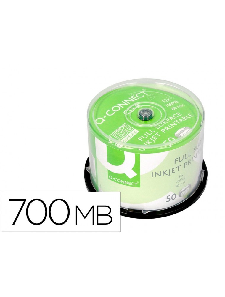 Cd-r q-connect con superficie 100 imprimible para inkjet capacidad 700mb duracion 80minvelocidad 52x bote de 50 unid